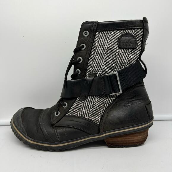 Sorel Boots Womens 8 SlimBoot Ankle Black Herringbone Waterproof Leather Winter - Picture 2 of 11